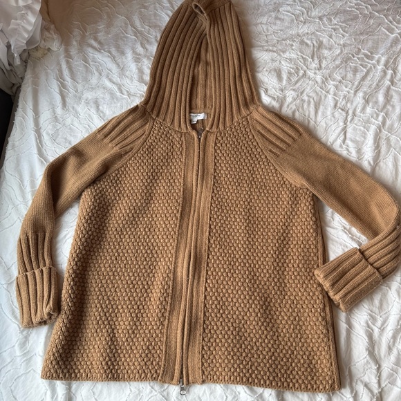 Victor Alfaro Camel Tan Hooded Zip Up Cardigan with Textured Pattern - Picture 8 of 8